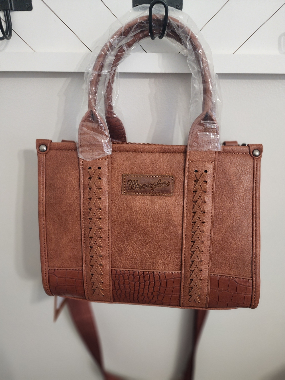 Wrangler Brown Faux-Leather Braided Satchel with Croc-Embossed Trim - Picture 2 of 7